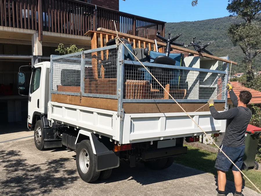 A white tipper loaded with old furniture, tied down on a sloping driveway