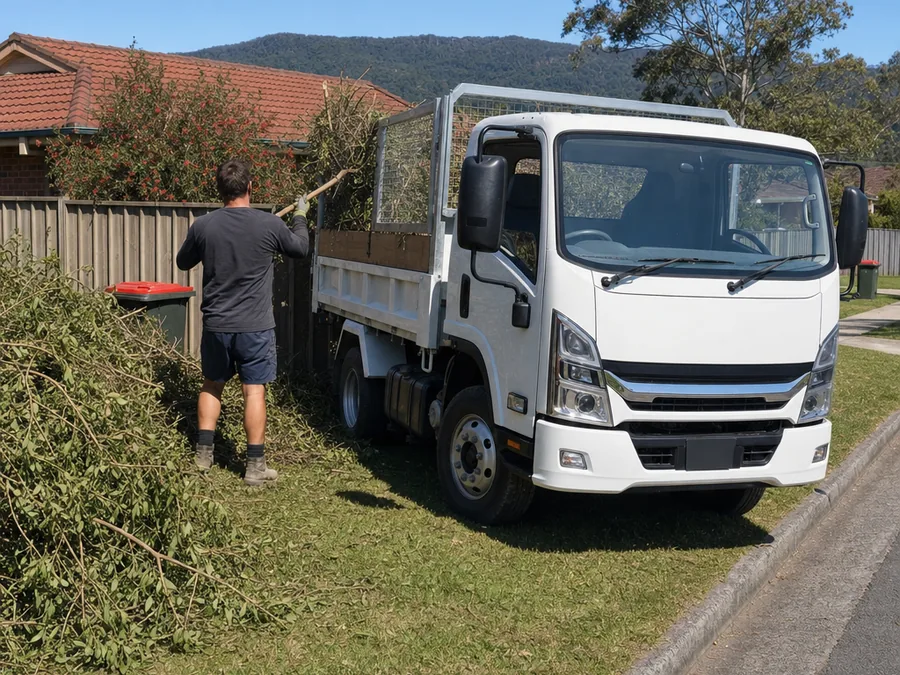 Loading green waste into a white tipper on a front lawn