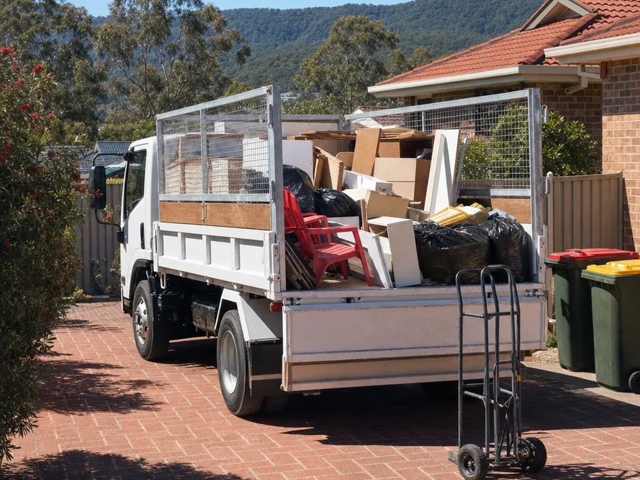 A white tipper loaded with household rubbish, reversed up a brick driveway