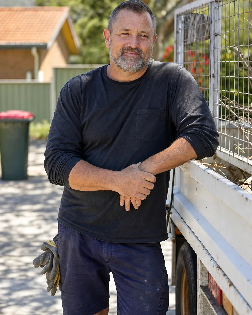 Mick Haverfield, owner of Load&Go Rubbish Removal, leaning on the tray of his tipper in a suburban driveway