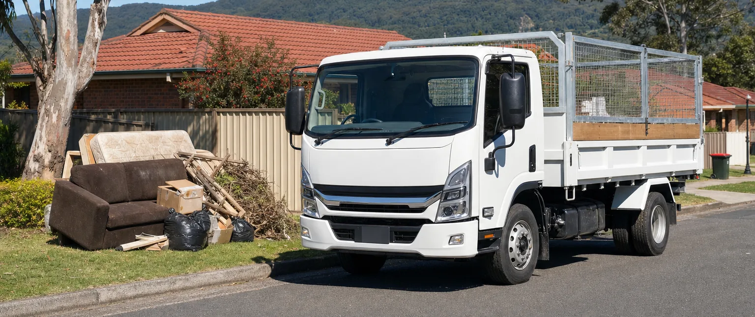 The white Load&Go tipper with mesh cage sides, parked at the kerb beside a pile of household rubbish