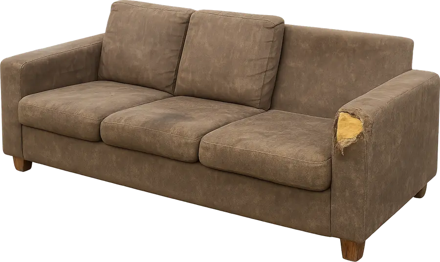 An old brown three-seater lounge with a missing back cushion and foam showing through the arm