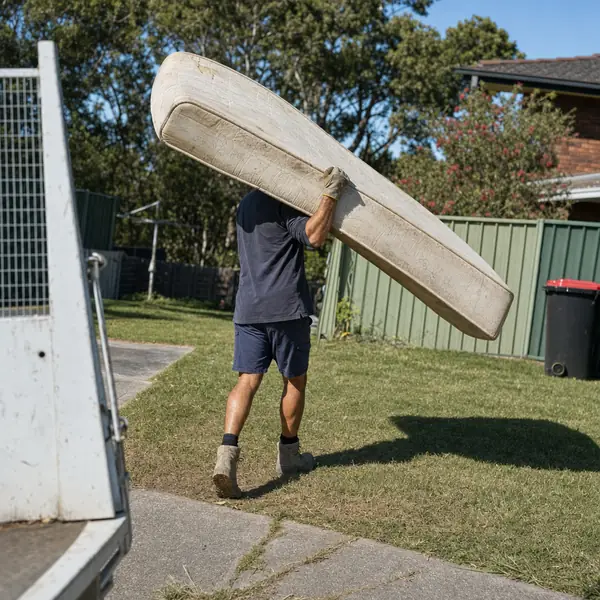 A crew member carrying an old mattress across a front lawn