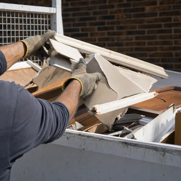Gloved hands loading broken plasterboard and timber into the tipper